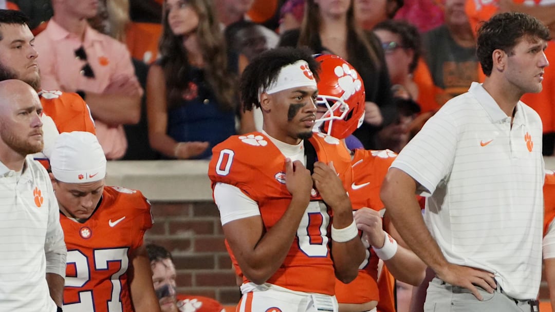 Aug 30, 2025; Clemson, South Carolina, USA; Clemson Tigers wide receiver Antonio Williams (0) watches the game from the sideline during the second half at Memorial Stadium. Mandatory Credit: Ken Ruinard-USA TODAY Network via Imagn Images