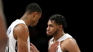 Feb 4, 2023; Brooklyn, New York, USA; Brooklyn Nets guard Cam Thomas (24) celebrates with center Nic Claxton (33) during the third quarter against the Washington Wizards at Barclays Center. Mandatory Credit: Brad Penner-Imagn Images