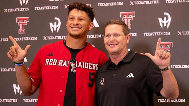 Chiefs quarterback Patrick Mahomes and Texas Tech director of athletics Kirby Hocutt pose for a photo following a press conference in August 2024. Chiefs quarterback Patrick Mahomes and Texas Tech director of athletics Kirby Hocutt pose for a photo following a press conference in August 2024.