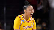 USC Trojans guard JuJu Watkins (12) celebrates during a NCAA Women’s Tournament 2nd round game against the Kansas Jayhawks at Galen Center.
