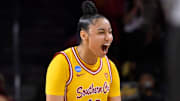 USC Trojans guard JuJu Watkins (12) celebrates during a NCAA Women’s Tournament 2nd round game against the Kansas Jayhawks at Galen Center.