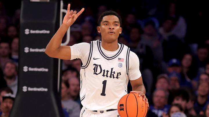 Dec 20, 2025; New York, New York, USA; Duke Blue Devils guard Caleb Foster (1) brings the ball up court against the Texas Tech Red Raiders during the first half at Madison Square Garden.