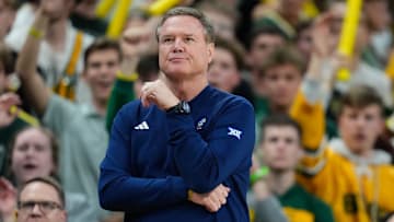 Feb 1, 2025; Waco, Texas, USA; Kansas Jayhawks head coach Bill Self reacts during the first half against the Baylor Bears at Paul and Alejandra Foster Pavilion. Mandatory Credit: Chris Jones-Imagn Images