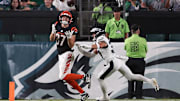 Cincinnati Bengals tight end Tanner Hudson makes a touchdown catch past Philadelphia Eagles safety Maxen Hook