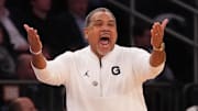 Mar 12, 2025; New York, NY, USA;  Georgetown Hoyas head coach Ed Cooley reacts during the second half against the DePaul Blue Demons at Madison Square Garden. Mandatory Credit: Robert Deutsch-Imagn Images