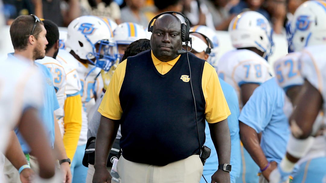 Sep 9, 2017; Hattiesburg, MS, USA; Southern University Jaguars head coach Dawson Odums in the first quarter against the Southern Miss Golden Eagles at M. M. Roberts Stadium. Mandatory Credit: Chuck Cook-Imagn Images