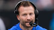 Nov 30, 2025; Charlotte, North Carolina, USA; Los Angeles Rams head coach Sean McVay looks on during the first quarter against the Carolina Panthers at Bank of America Stadium. Mandatory Credit: Jim Dedmon-Imagn Images