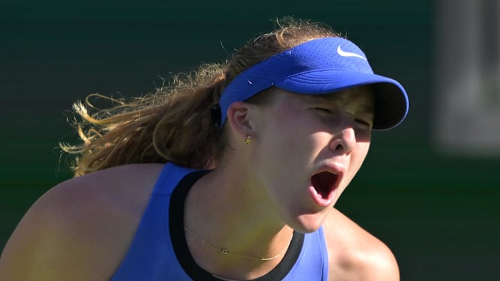 Mirra Andreeva reacts after a point