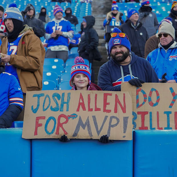 Buffalo Bills fans show support for Buffalo Bills quarterback Josh Allen (17) for MVP at Highmark Stadium