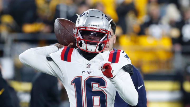 Dec 7, 2023; Pittsburgh, Pennsylvania, USA;  New England Patriots quarterback Malik Cunningham (16) warms up before the game against the Pittsburgh Steelers at Acrisure Stadium. Mandatory Credit: Charles LeClaire-USA TODAY Sports