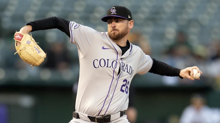 May 22, 2024; Oakland, California, USA; Colorado Rockies starting pitcher Austin Gomber (26) delivers a pitch against the Oakland Athletics during the fourth inning at Oakland-Alameda County Coliseum. Mandatory Credit: D. Ross Cameron-USA TODAY Sports