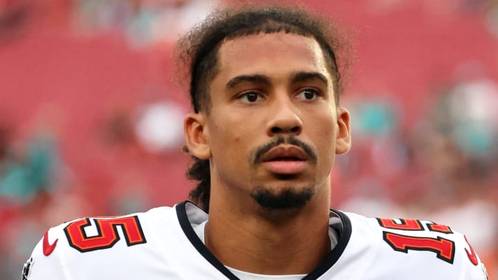 Aug 23, 2024; Tampa, Florida, USA;  Tampa Bay Buccaneers wide receiver Jalen McMillan (15) prior to the game against the Miami Dolphins at Raymond James Stadium. Mandatory Credit: Kim Klement Neitzel-USA TODAY Sports