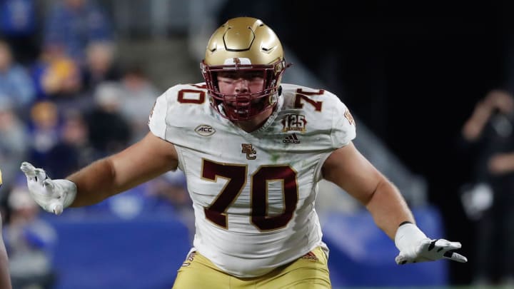 Nov 16, 2023; Pittsburgh, Pennsylvania, USA;  Boston College Eagles offensive lineman Ozzy Trapilo (70) blocks at the line of scrimmage against the Pittsburgh Panthers during the third quarter at Acrisure Stadium. Mandatory Credit: Charles LeClaire-USA TODAY Sports