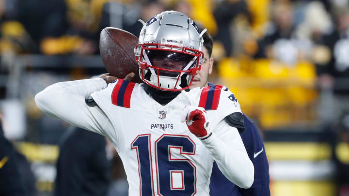 Dec 7, 2023; Pittsburgh, Pennsylvania, USA;  New England Patriots quarterback Malik Cunningham (16) warms up before the game against the Pittsburgh Steelers at Acrisure Stadium. 