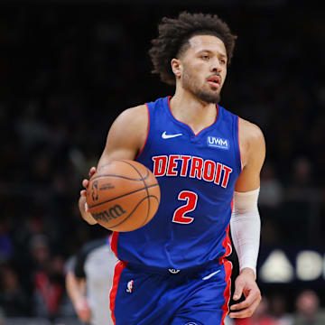 Dec 18, 2023; Atlanta, Georgia, USA; Detroit Pistons guard Cade Cunningham (2) dribbles against the Atlanta Hawks in the second half at State Farm Arena. Mandatory Credit: Brett Davis-Imagn Images