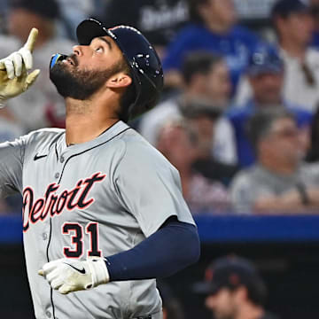 Sep 18, 2024; Kansas City, Missouri, USA;  Detroit Tigers left fielder Riley Greene reacts after hitting a solo home run.