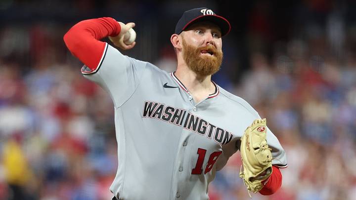 Aug 4, 2026; Philadelphia, Pennsylvania, USA; Washington Nationals pitcher Zack Littell (18) throws a pitch against the Philadelphia Phillies at Citizens Bank Park. Mandatory Credit: Bill Streicher-Imagn Images