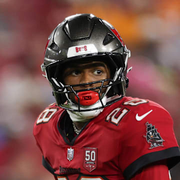 Tampa Bay Buccaneers safety Shilo Sanders (28) looks on during a preseason game against the Tennessee Titans.