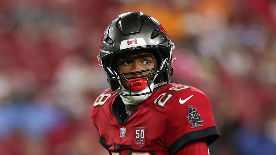 Tampa Bay Buccaneers safety Shilo Sanders (28) looks on during a preseason game against the Tennessee Titans. | Nathan Ray Seebeck-Imagn Images