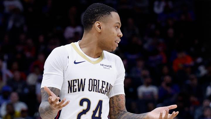 Mar 26, 2026; Detroit, Michigan, USA;  New Orleans Pelicans guard Jordan Hawkins (24) reacts in the second half against the Detroit Pistons at Little Caesars Arena. Mandatory Credit: Rick Osentoski-Imagn Images
