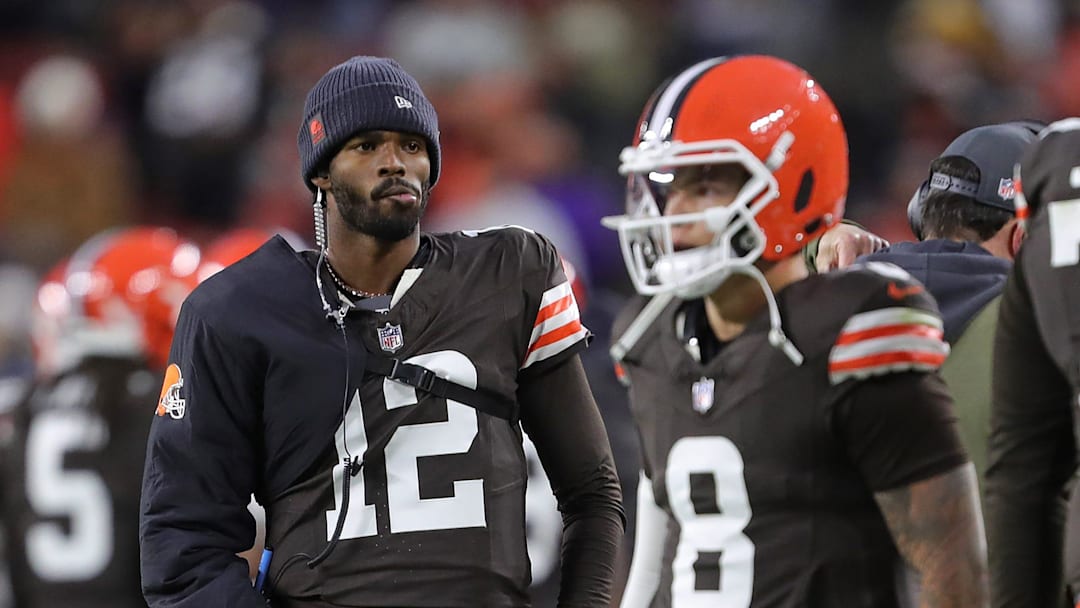 Cleveland Browns quarterback Shedeur Sanders (12) paces the sideline after quarterback Dillon Gabriel (8) failed to score on a drive during the first half of NFL football game against the Baltimore Ravens at Huntington Bank Field, Nov. 16, 2025, in Cleveland, Ohio.