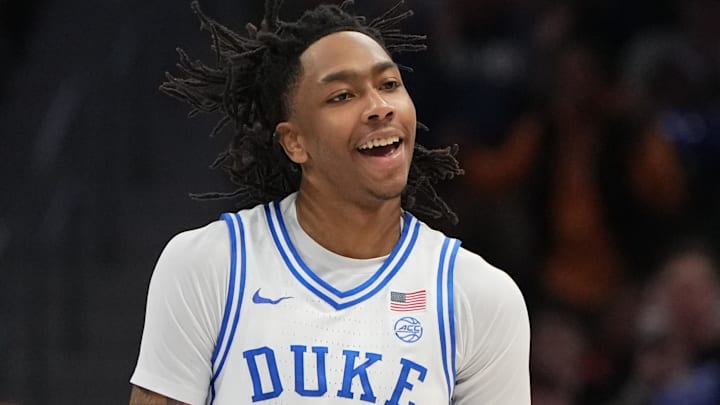 Mar 14, 2026; Charlotte, NC, USA; Duke Blue Devils guard Isaiah Evans (3) reacts in the second half during the men's ACC Conference Tournament Championship at Spectrum Center. Mandatory Credit: Bob Donnan-Imagn Images