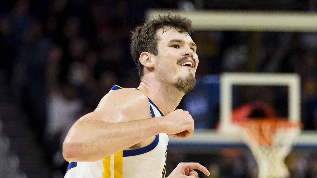 Oct 8, 2025; San Francisco, California, USA;  Golden State Warriors center Quinten Post (21) reacts after hitting a three-point shot against the Portland Trail Blazers during the fourth quarter at Chase Center. Mandatory Credit: John Hefti-Imagn Images