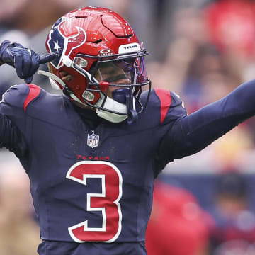 Nov 19, 2023; Houston, Texas, USA; Houston Texans wide receiver Tank Dell (3) signals a first down after a play during the first quarter against the Arizona Cardinals at NRG Stadium. Mandatory Credit: Troy Taormina-USA TODAY Sports