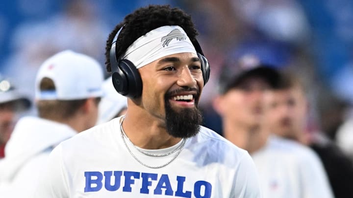 Oct 5, 2025; Orchard Park, New York, USA; Buffalo Bills wide receiver Khalil Shakir (10) practices before the game against the New England Patriots at Highmark Stadium. Mandatory Credit: Mark Konezny-Imagn Images