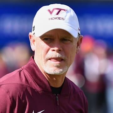 Nov 1, 2025; Blacksburg, Virginia, USA;  Virginia Tech Hokies coach Phillip Montgomery looks on before the game against the Louisville Cardinals at Lane Stadium. Mandatory Credit: Brian Bishop-Imagn Images