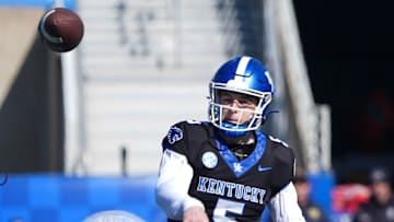 Kentucky’s Zach Calzada threw a completion against the defense of Kentucky during their Spring practice finale at Kroger Field.
April 12, 2025