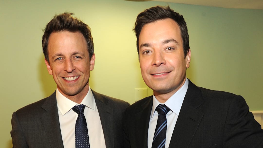 Seth Meyers and Jimmy Fallon posing together at "Howard Stern's Birthday Bash" Presented By SiriusXM, Produced By Howard Stern Productions - Inside