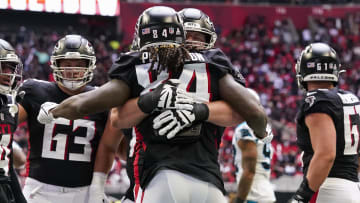 Oct 31, 2021; Atlanta, Georgia, USA; Atlanta Falcons running back Cordarrelle Patterson (84) gets a