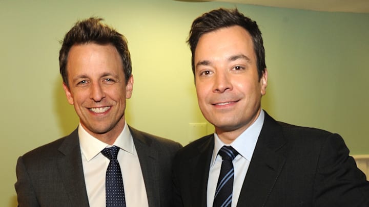 Seth Meyers and Jimmy Fallon posing together at "Howard Stern's Birthday Bash" Presented By SiriusXM, Produced By Howard Stern Productions - Inside
