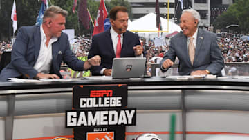 Pat McAfee Nick Saban, and Lee Corso fist bump before live broadcast during ESPN Gameday near Williams-Brice Stadium in Columbia, S.C.Saturday, September 14, 2024.