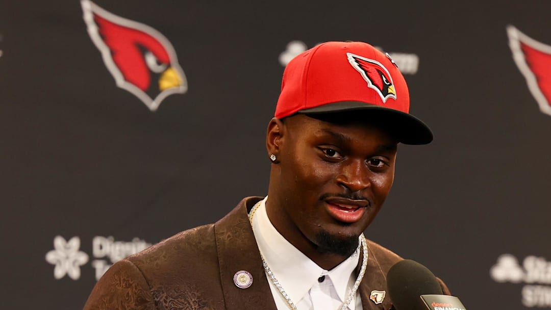 Apr 24, 2026; Phoenix, AZ, USA; Arizona Cardinals first-round draft pick Jeremiyah Love talks to media during a press conference at Dignity Health Arizona Cardinals Training Center. Mandatory Credit: Anna Carrington-Imagn Images