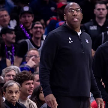 Apr 19, 2024; New Orleans, Louisiana, USA;  Sacramento Kings head coach Mike Brown looks on against the New Orleans Pelicans in the first half during a play-in game of the 2024 NBA playoffs at Smoothie King Center. Mandatory Credit: Stephen Lew-Imagn Images