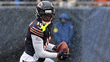 Nov 9, 2025; Chicago, Illinois, USA; Chicago Bears wide receiver Luther Burden III (10) makes a catch against the New York Giants during the second half at Soldier Field.