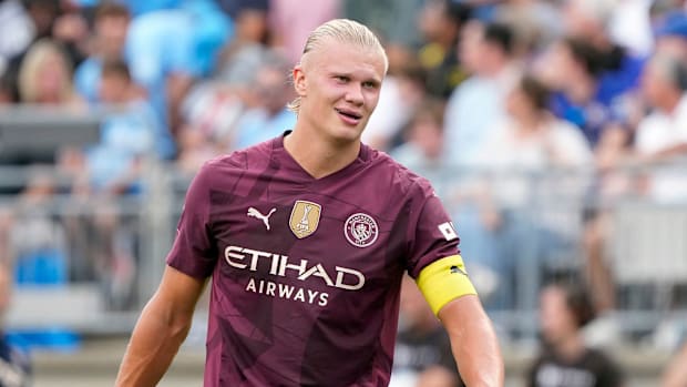 Manchester City forward Erling Haaland (9) misses a shot on goal against Chelsea in the first half during an FC Series game.