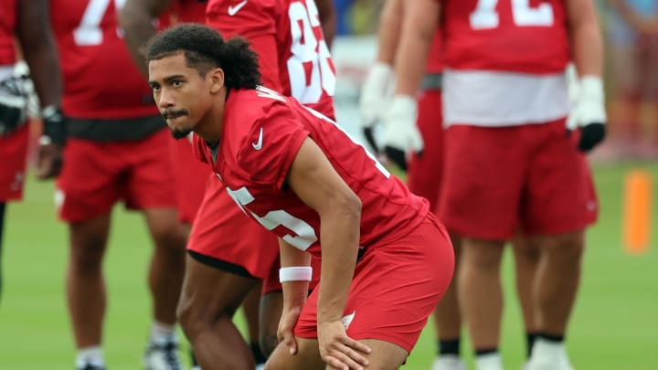 Jul 25, 2024; Tampa, FL, USA; Tampa Bay Buccaneers wide receiver Jalen McMillan (15) works out during training camp at AdventHealth Training Center. Mandatory Credit: Kim Klement Neitzel-USA TODAY Sports