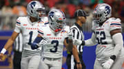 Dec 16, 2023; Atlanta, GA, USA; Howard Bison wide receiver Kasey Hawthorne (3) celebrates with quarterback Quinton Williams (1) and offensive lineman Darius Fox (52) after a touchdown against the Florida A&M Rattlers in the first half at Mercedes-Benz Stadium.