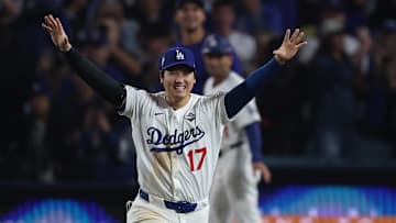 Oct 27, 2025; Los Angeles, California, USA; Los Angeles Dodgers designated hitter Shohei Ohtani (17) celebrates after winning in the eighteenth inning against the Toronto Blue Jays in game three of the 2025 MLB World Series at Dodger Stadium. Mandatory Credit: Kiyoshi Mio-Imagn Images