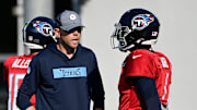 Tennessee Titans quarterback coach Bo Hardegree talks with quarterback Cam Ward (1) during an NFL football training camp practice at Ascension Saint Thomas Sports Park Saturday, Aug. 2, 2025, in Nashville, Tenn.