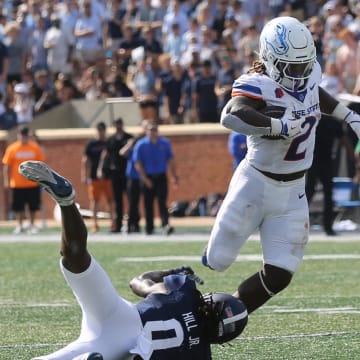 Saturday, August 31, 2024; Statesboro, Georgia; Boise State running back Ashton Jeanty gains yardage against Georgia Southern during the season opener on Saturday, August 31, 2024 at Paulson Stadium in Statesboro, Georgia.