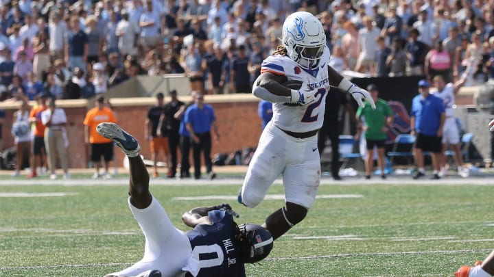 Saturday, August 31, 2024; Statesboro, Georgia; Boise State running back Ashton Jeanty gains yardage against Georgia Southern during the season opener on Saturday, August 31, 2024 at Paulson Stadium in Statesboro, Georgia.