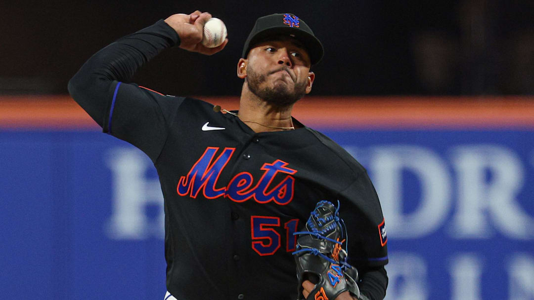 Apr 24, 2026; New York City, New York, USA;  New York Mets pitcher Freddy Peralta (51) delivers a pitch during the second inning against the Colorado Rockies at Citi Field. Mandatory Credit: Vincent Carchietta-Imagn Images