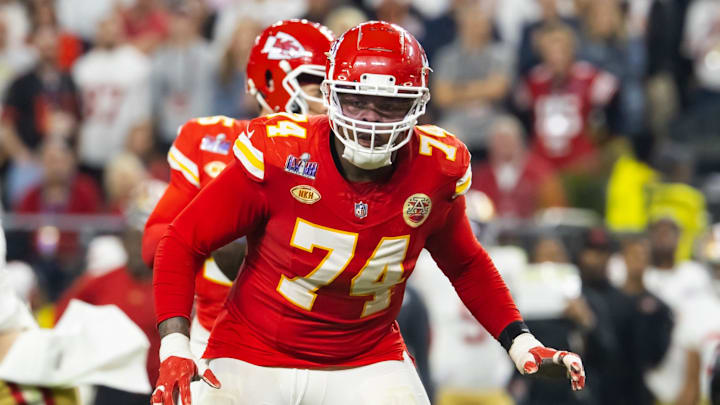 Feb 11, 2024; Paradise, Nevada, USA; Kansas City Chiefs offensive tackle Jawaan Taylor (74) against the San Francisco 49ers in Super Bowl LVIII at Allegiant Stadium. Mandatory Credit: Mark J. Rebilas-USA TODAY Sports