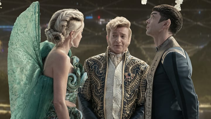 L to R Jess Bush as Chapel, Rhys Darby as Trelane and Ethan Peck as Spock in season 3 , Episode 2 of Strange New Worlds streaming on Paramount+. Photo Credit: Marni GrossmanParamount+