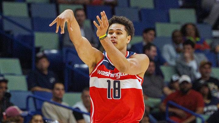 Oct 16, 2026; New Orleans, Louisiana, USA;  Washington Wizards forward Kyshawn George (18) passes the ball against New Orleans Pelicans during the first half at Smoothie King Center.  Mandatory Credit: Stephen Lew-Imagn Images