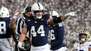 Nov 9, 2024; University Park, Pennsylvania, USA; Penn State Nittany Lions tight end Tyler Warren (44) reacts after scoring a touchdown against the Washington Huskies during the second quarter at Beaver Stadium. Mandatory Credit: Matthew O'Haren-Imagn Images